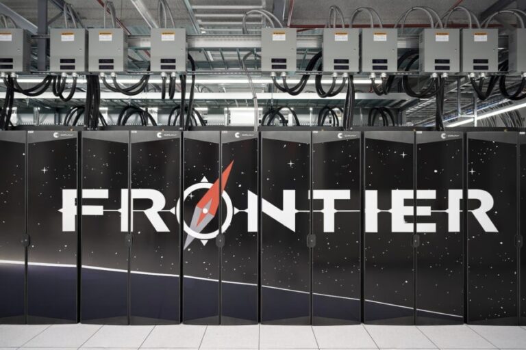 The Frontier exascale supercomputer at Oak Ridge National Laboratory, a massive installation of computing cabinets used to train AI for the nuclear energy sector.