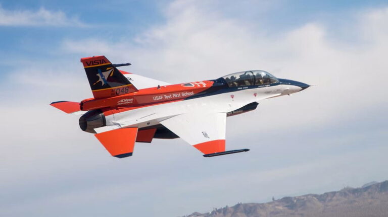 The X-62A VISTA, a modified F-16 test aircraft, flying with a conceptual overlay of the new PhantomStrike radar beam pattern.