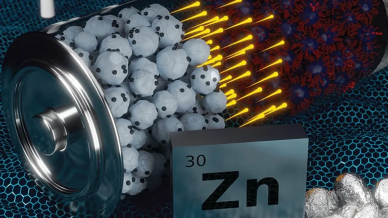 Tiny gold particles inside zinc batteries slow damage.