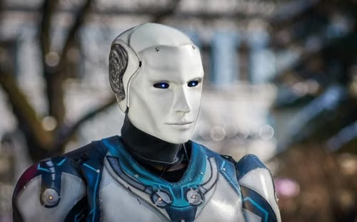 Humanoid robot standing on a production line at a robotics factory in Serbia