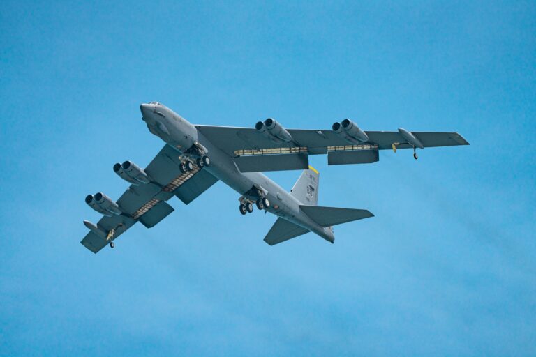 US Air Force B-52 Stratofortress aircraft flying on a long-range military mission.